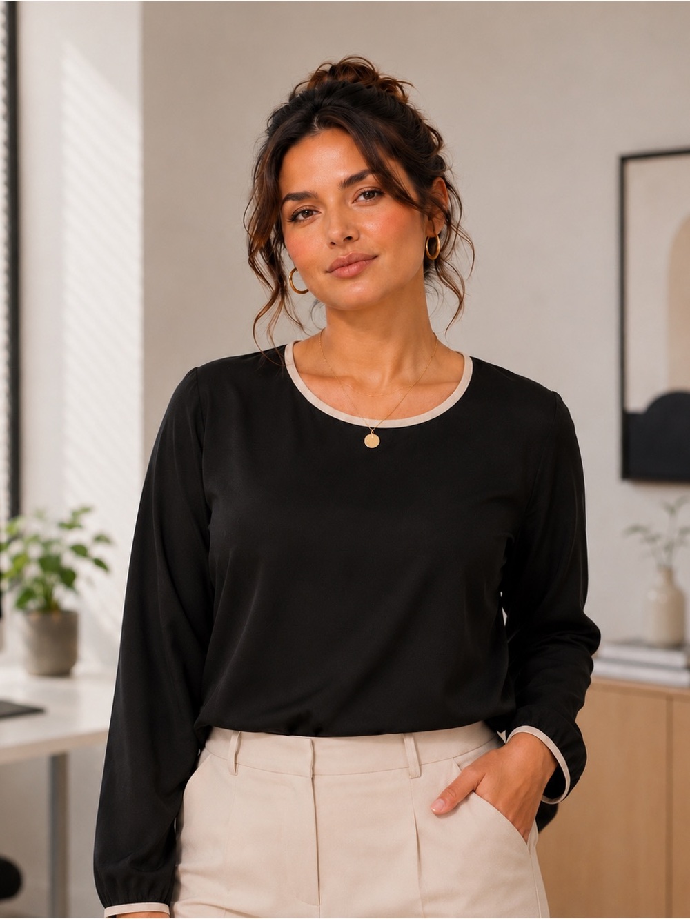 MaxMara 100% Silk Black Long-Sleeve Tee with Cream Trim